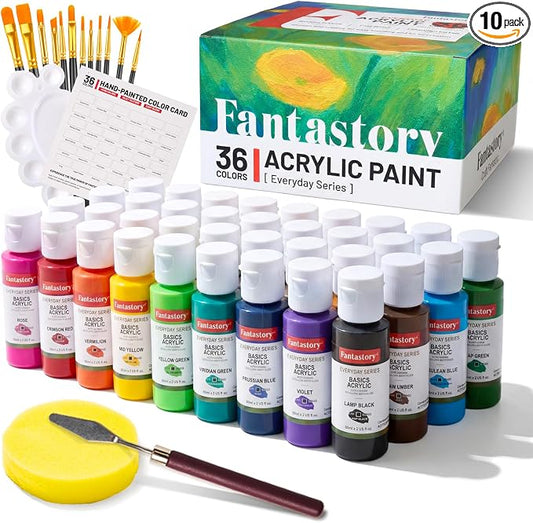 Fantastory 60ml 36 Colors Acrylic Paint Set with 12 Brushes | with 12 Brushes, Chart, Palette, Scraper, Sponge - 3 Metallic, Non-Toxic, Waterproof for Wood, Rock, Canvas, Clay, DIY, 3D