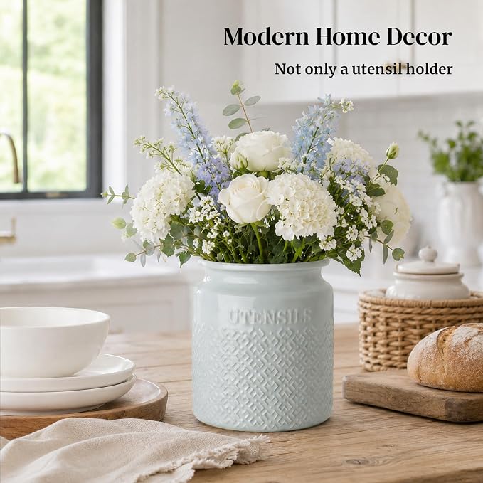 DOWAN 7.2" Large Ceramic Utensil Holder for Kitchen Countertop, Light Blue