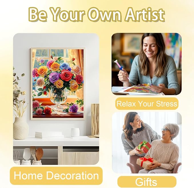 Ycydilirab Flower Diamond Art Kits for Adults-Diamond Paintings for Adults,Flowers DIY Gem Art for Adult Perfect for Relaxation and Home Wall Decor 12x16inch