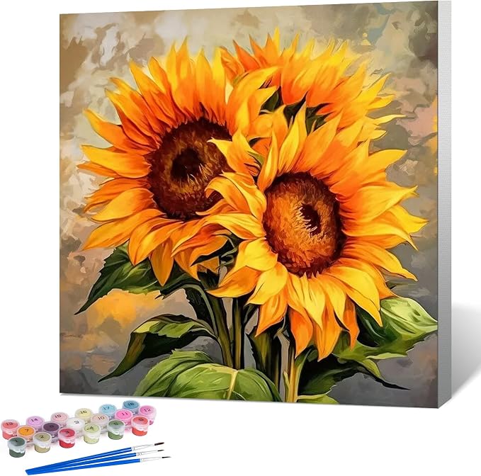Fountor Framed Paint by Numbers Kit for Adults Beginner & Kids Ages 8-12, Sunflower Paint by Number with Frame, Easy Acrylic Watercolor Sunflower Painting by Numbers Kit on Canvas 10x10 inch