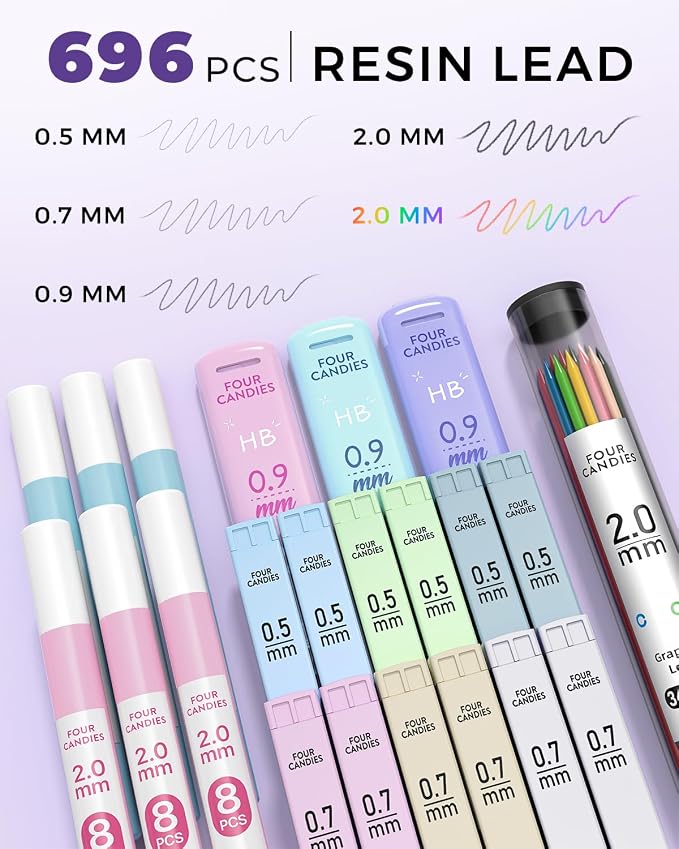 Four Candies 42PCS Mechanical Pencil Set with 696 Lead Refills (Cream)