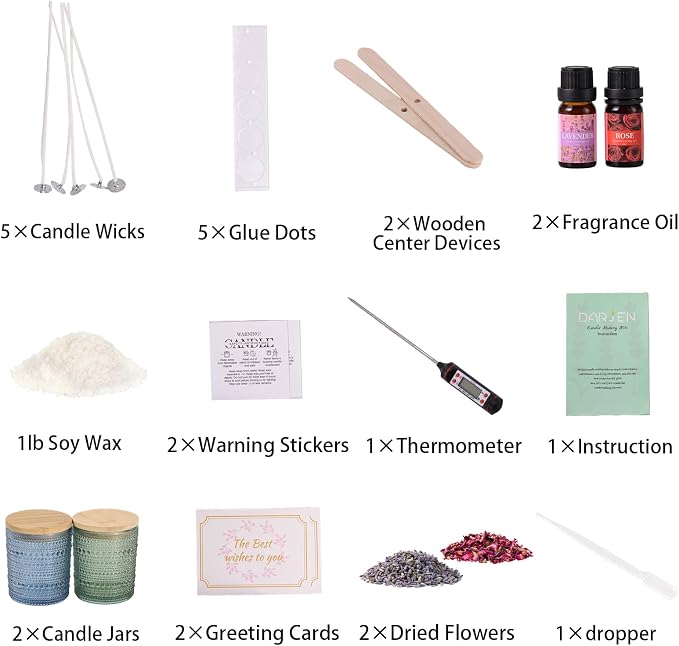 DARJEN Candle Making Kit for Beginners, 2 Jars Soy Wax Scented DIY Set | 100% Soy Wax, 10oz Glass Jars, Natural Cotton Wicks, Pleasant Scents, Instruction& More- Perfect as Home Decorations