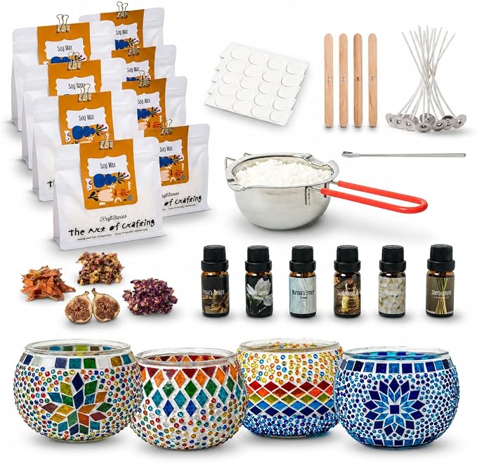 KRAFTSTORIES Candle Making Kit for Adults – DIY Candle Making Set with Natural Soy Wax, Wicks, Essential Oils, Dried Flowers & 4 Turkish Mosaic Glass Jars – Handmade Arts & Crafts Complete Gift (4)