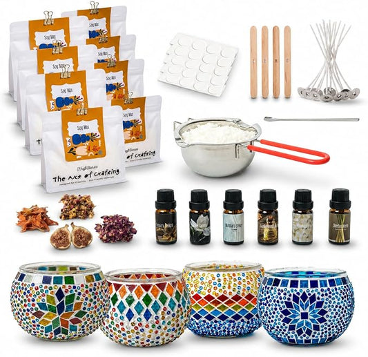 KRAFTSTORIES Candle Making Kit for Adults – DIY Candle Making Set with Natural Soy Wax, Wicks, Essential Oils, Dried Flowers & 4 Turkish Mosaic Glass Jars – Handmade Arts & Crafts Complete Gift (4)