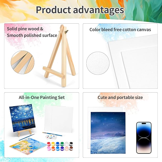 8 Pack 8 * 10In Canvas Boards for Painting, Art Canvas for Drawing with 16 Brushes & 8 Paint Trays & 16 Acrylic Paint, Mini Painting Canvas with Easel Set, Painting Kits for Adults Party