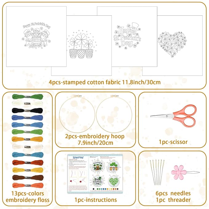 BEUNITONE 4 Set Lucky Clover Pattern Embroidery Kit for Adult Beginners | DIY Complete Needlepoint Kits for Adults, Cross Stitch Starter Kit with Hoops, Handmade Gifts for Fabric Home Decor 20x20cm