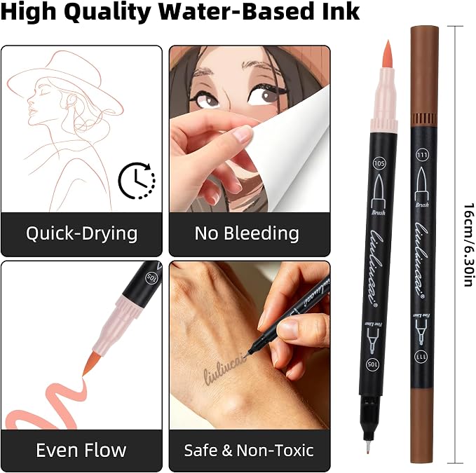 LIULIUCAI 10 Skin Tone Dual Marker, Fine & Brush Tip Pens for Coloring