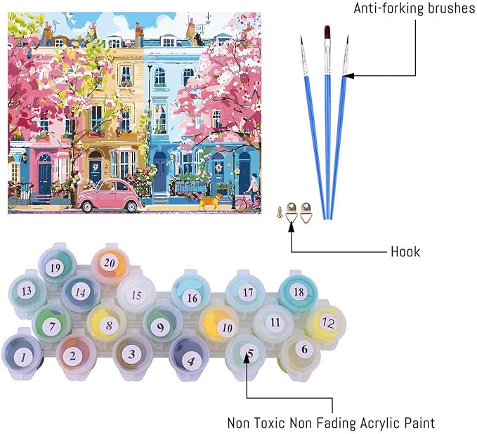 Clendo Paint by Numbers Kit for Adults Beginners, Spring Street Adult Paint by Numbers on Canvas, Acrylic Painting Crafts for Home Decor (16x20inch)