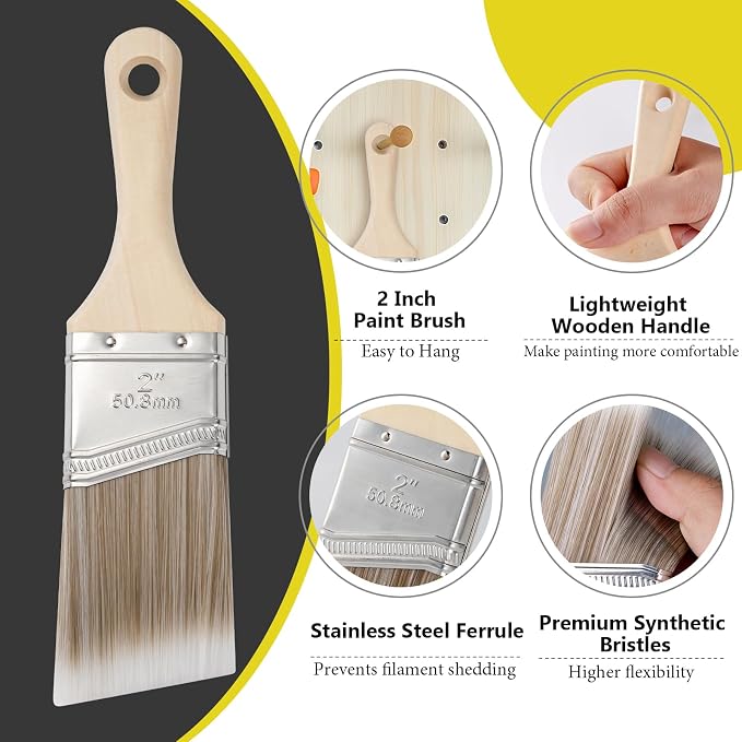 Mister Rui 3-Pack 2 Inch Angled Paint Brushes, Sash Brushes for Trim & Wall | Synthetic Edging Paint Brush Short Handle, Smooth Finish for Professional & DIY Use Cabinets & Furniture, Oil & Latex Paint