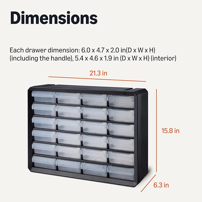 Amazon Basics 24-Drawer Plastic Storage Organizer with Dividers for Office/Craft/Tools, Wall Mountable, Sturdy, 6.3 x 21.3 x 15.8 inch, Black