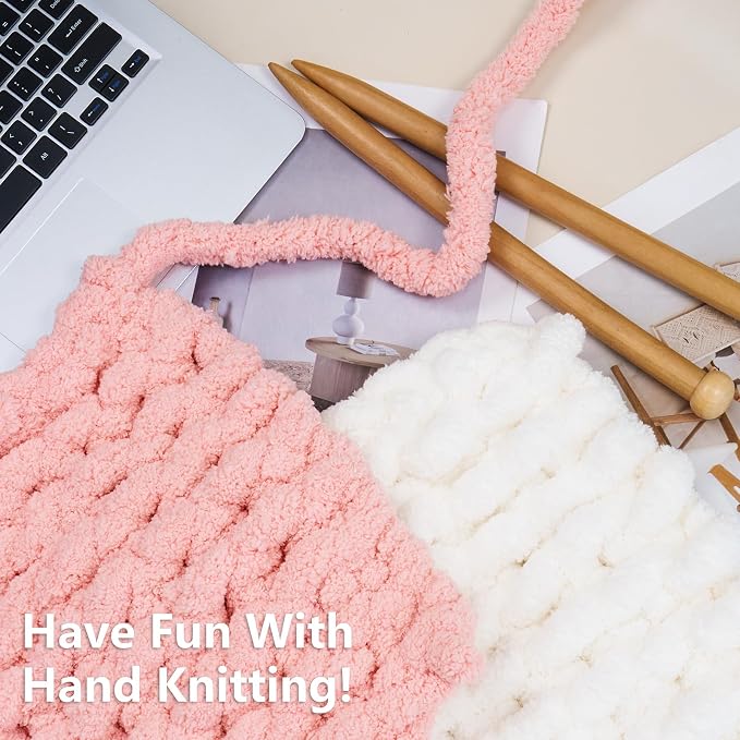 Cozyful Chunky Yarn for Hand Knitting - #10 Chunky Chenille Yarn, Jumbo Big Thick Chunky Yarns for Crocheting, Super Bulky Chunky Knit Blanket Yarns, 8 Skein (22yd, 8oz/Skein), Cream & Pink