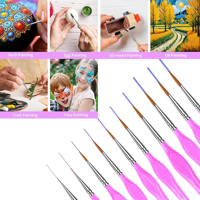 10Pcs Miniature Detail Paint Brushes Triangular Wood Handle Set | Tiny tips for acrylic, oil & watercolor, for paint-by-number, models, figurines, face paint, crafts & adult drawing, Magenta
