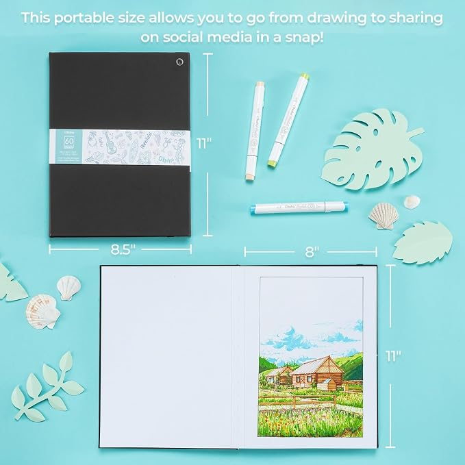 Ohuhu 8.5"x11" Double-Sided Bleedproof Marker Pad Art Sketchbook 60 Sheets | Large Sketch Book - 90 LB/150 GSM Smooth Drawing Paper - 60 Sheets/120 Pages -Hardcover Sketch Pad for Alcohol Markers Paints
