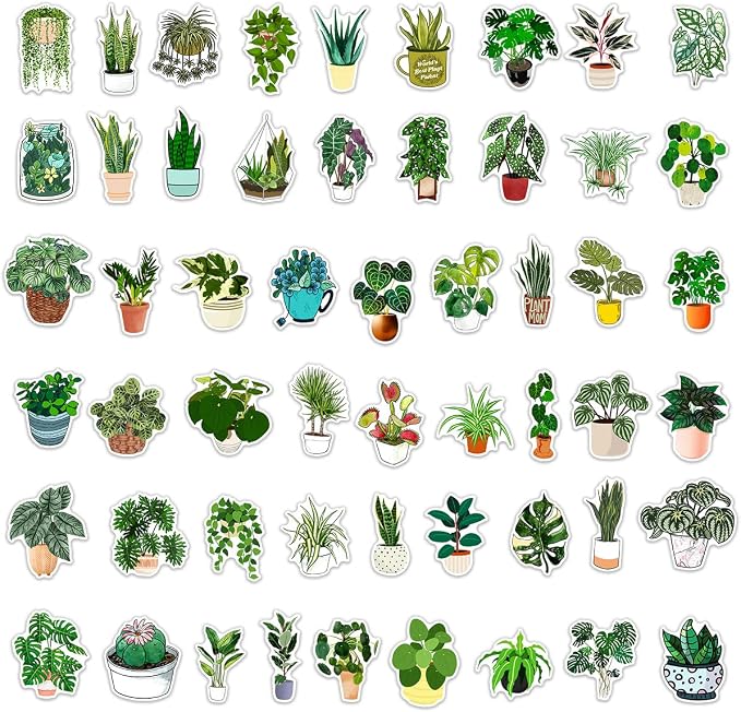 50 Pcs Green Plants Stickers Potted Plant Floral Sticker for Laptops Water Bottles Flower Pots Vases Decorative Phone Book Guitar Vinyl Decals for Kids Teens Adults