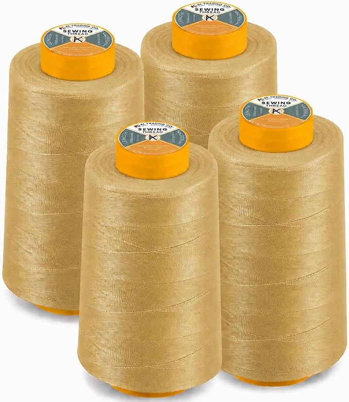 AK TRADING CO. 4-Pack Light Gold All Purpose Sewing Thread Cones (6000 Yards Each) of High Tensile Polyester Thread Spools for Sewing, Quilting, Serger Machines, Overlock, Merrow & Hand Embroidery