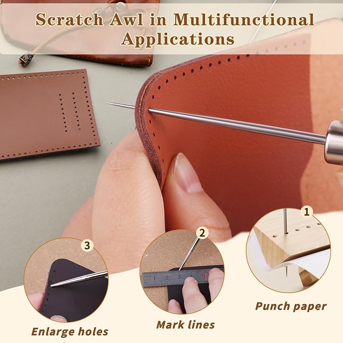ZXIIXZ 3 Pcs Sewing Awls, Leather Scratch Hollow Hook Awl Tool Kit