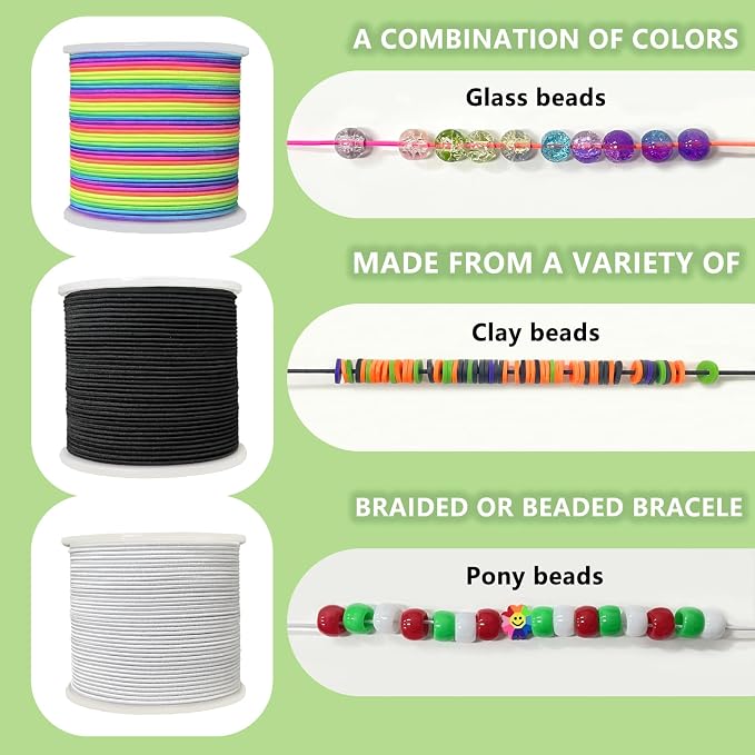 1.0mm Elastic Bracelet String Cord, Crystal Stretch Bead Cord for Bracelets Jewelry Making, Clear Stretchy Elastic String for Beading, Transparent Thread (1.0MM(Rainbow/Black/White)/495ft)