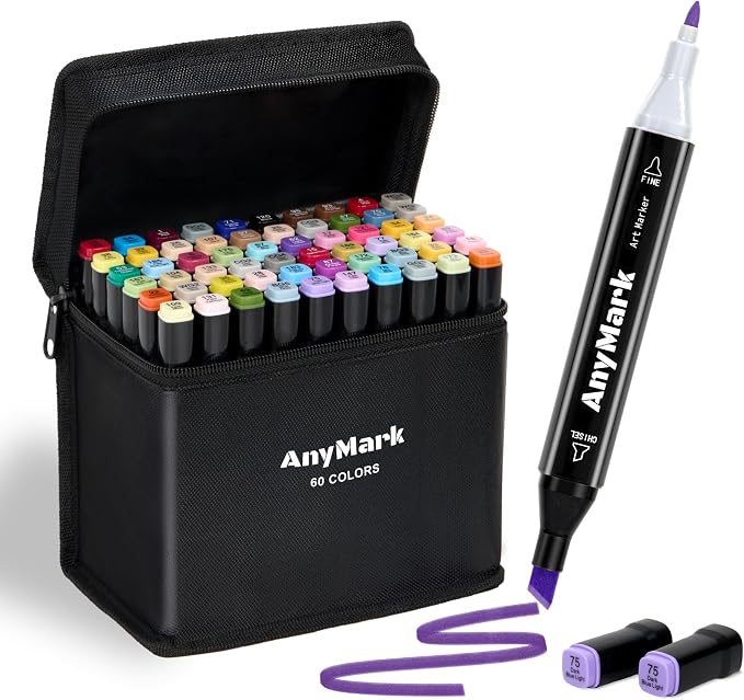 AnyMark Alcohol Markers, 60 Colors Dual Tip Art Coloring Markers Set | Alcohol Based Markers for Adult Book Drawing Sketching Painting, Chisel & Fine, Black Penholder