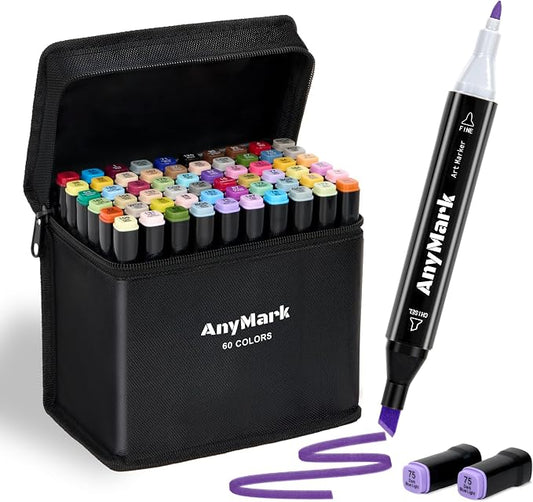 AnyMark Alcohol Markers, 60 Colors Dual Tip Art Coloring Markers Set | Alcohol Based Markers for Adult Book Drawing Sketching Painting, Chisel & Fine, Black Penholder