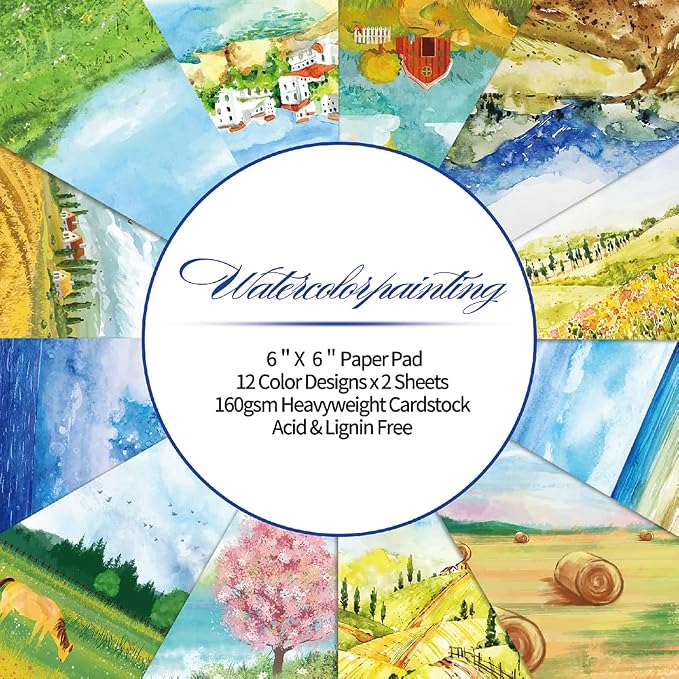 6x6" Cardstock Single Sided Scrapbooking,Craft Decorative Scrap Book Paper | 160gsm,24-Sheet 12Patterns Colored Paper,Junk Journal Supplies,Vivid Origami Papers DIY Craft Gift Wrapping Album.Landscape