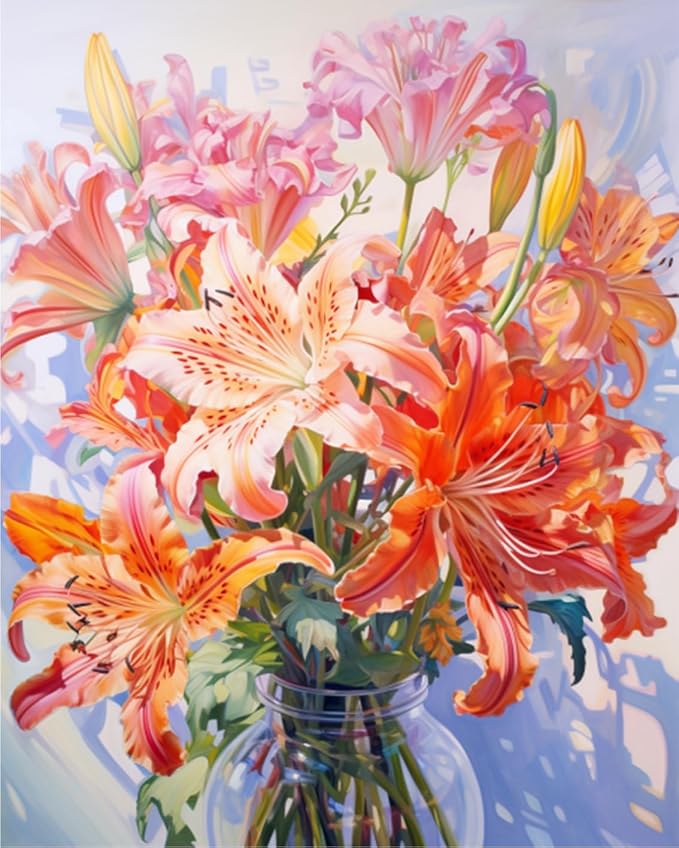 Flowers in Vase Paint by Numbers Kits 16x20 inch Canvas DIY Oil Painting for Kids, Students, Adults Beginner with Brushes and Acrylic Pigment - Colorful Blooming Flowers Photo Gift(without Frame)
