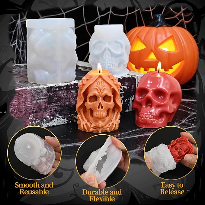 Skull Candle Mold Silicone, 2 Pack Style Halloween Skull Head Molds | 3D Skull Silicone Molds for DIY Aromatherapy Candles, Epoxy Resin Casting, Soap, Gypsum, Home Decor Handmade Crafts Gifts