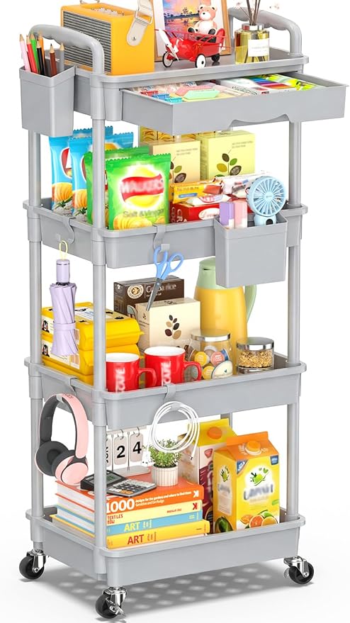 SUNALLY 4 Tier Rolling Cart with Drawer, Craft Storage Cart Organizer, Gray