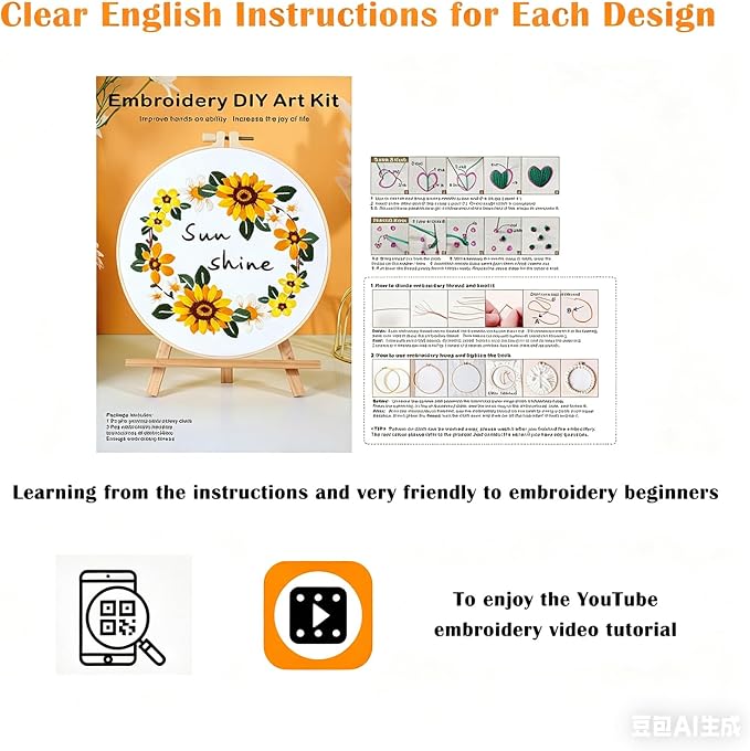 Vigdit 4 Pack Embroidery Kit for Beginners, Needlepoint Cross Stitch Kit for Adult Beginner, Easy DIY Hand Embroidery Starter Kit with Stamped Floral Pattern Embroidery Hoop Tools and Instruction