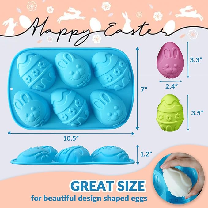 Egg Shape Silicone Molds 3.5 Inch, 2-Pack Chocolate Baking Holiday Easter Mould, Non-Stick BPA Free, Kid-Friendly Soap Mold Rabbit & Floral Designs, Blue & Pink