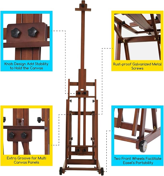 MEEDEN Studio H-Frame Easel -Adjustable Beech Wood Studio Art Easel, Painting Floor Easel Stand, Movable and Tilting Flat Available, Holds Canvas Art up to 77",Classic Walnut