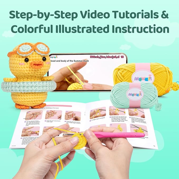Mewaii Summer Duck Crochet Kit for Beginners, 40% Extra Yarn | Video Tutorial, Pre-Started Piece, Gift Box, Level 1 Starter Kit, Family Craft for Adults, Kids & Beginners
