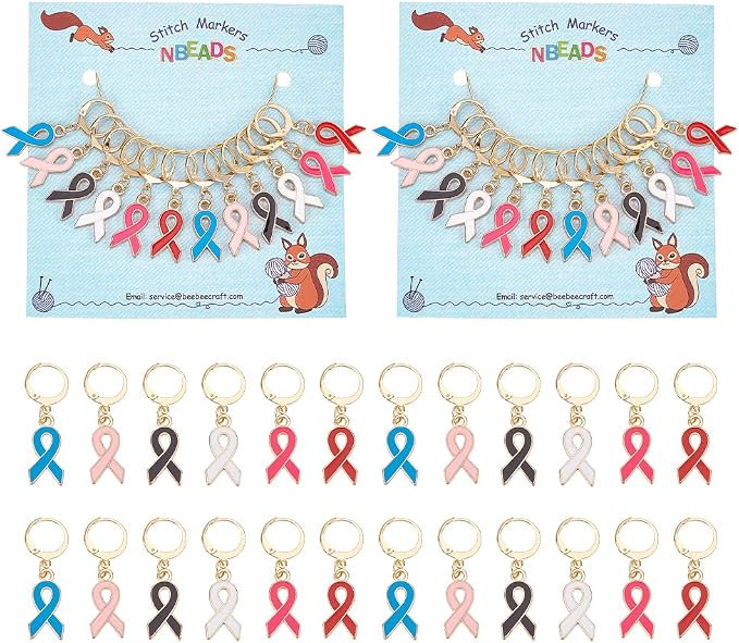 NBEADS 24 Pcs Awareness Ribbon Stitch Markers, Alloy Enamel Crochet Stitch Marker Charms with 304 Stainless Steel Clasp Stitch Marker for Sewing Accessories (HJEW-PH01815-US6)