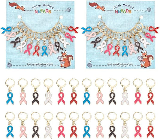 NBEADS 24 Pcs Awareness Ribbon Stitch Markers, Alloy Enamel Crochet Stitch Marker Charms with 304 Stainless Steel Clasp Stitch Marker for Sewing Accessories (HJEW-PH01815-US6)
