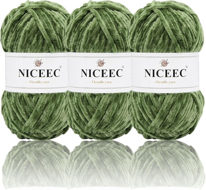 NICEEC 3 Skeins Soft Chenille Yarn 3 x85m (3X 93yds, 3X 50g)_Army Green