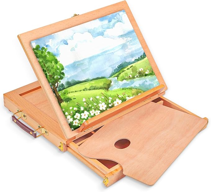 Adjustable Tabletop Sketchbox Easel with Storage Drawer & Palette | Portable Soild BeechWood Desk Easel for Beginner, Student, Artist, Hold Canvas up to 11" x 14"