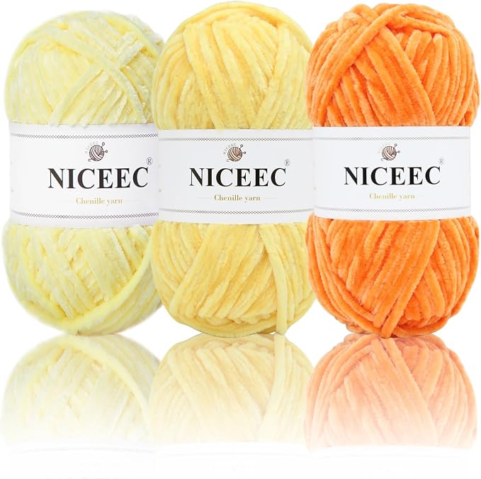 NICEEC 3 Skeins Soft Chenille Yarn 3 x85m (3X 93yds, 3X 50g)_Yellow Series