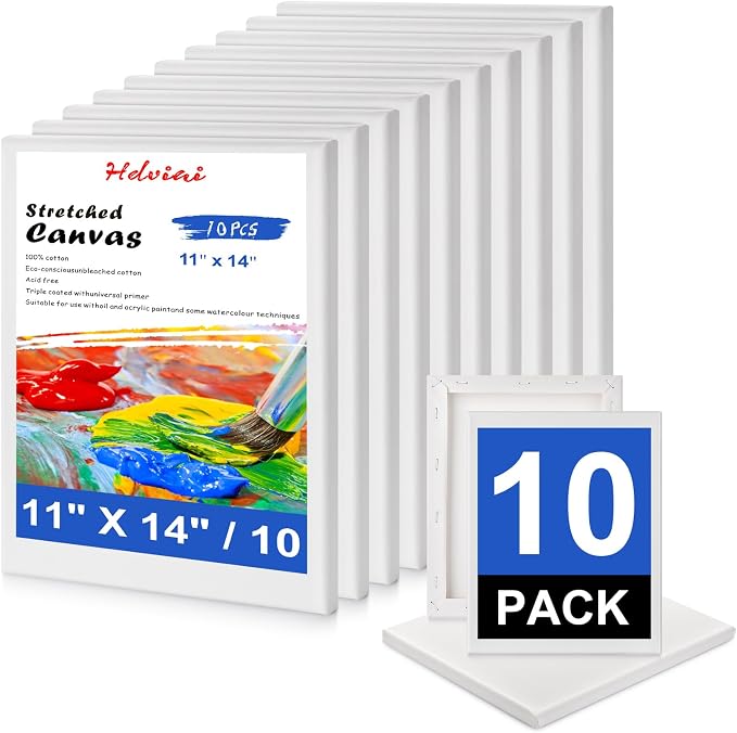 Stretched Canvas for Painting - 11x14 Inch/10 Canvas Value Pack - Triple Primer Acid Free 100% Cotton Blank Canvas for Painting Supplies Oil and Acrylic Pouring Art Watercolor