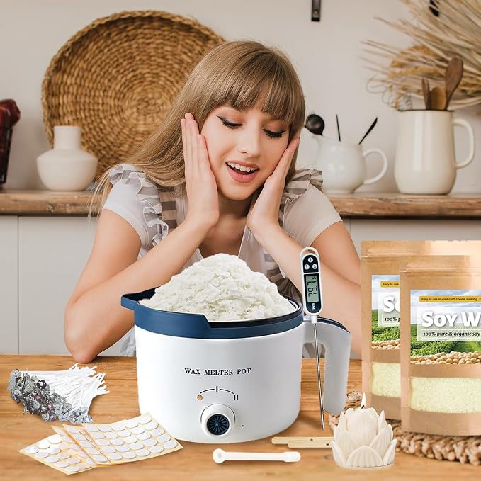 3lbs Soy Wax Melt Making Kit with Electric Wax Melting Pot | soy wax melter kit includes natural soy wax flakes, an electric wax melter, a thermometer, and wicks