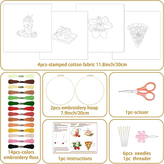 BEUNITONE 4 Set Strawberry Embroidery Kit with Hoops for Adult Beginners | Food/Drink Needlepoint Craft Kits Complete DIY Handmade Cross Stitch Set with Pre-Printed Designs for Home Decor 20x20cm