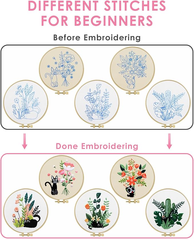 TINDTOP Embroidery Kit for Adults, Embroidery Kit for Beginners Include Embroidery Cloth Hoops Threads for Craft Lover Hand Stitch with Embroidery Skill Techniques (Black Cat) | with Stamped Patterns, Hoop, Tools, Colorful Threads with Needles, Instruc...