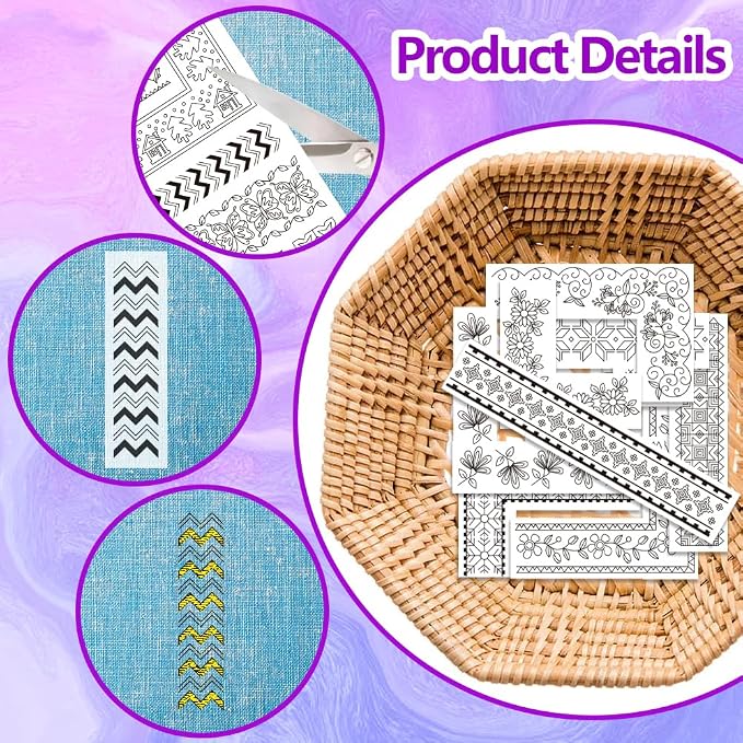 ORIGACH 4 Sheets Water Soluble Embroidery Patterns Stabilizers - Pre-Printed Borders & Motifs Designs - Stick & Stitch Embroidery Paper for Hand Sewing Lovers
