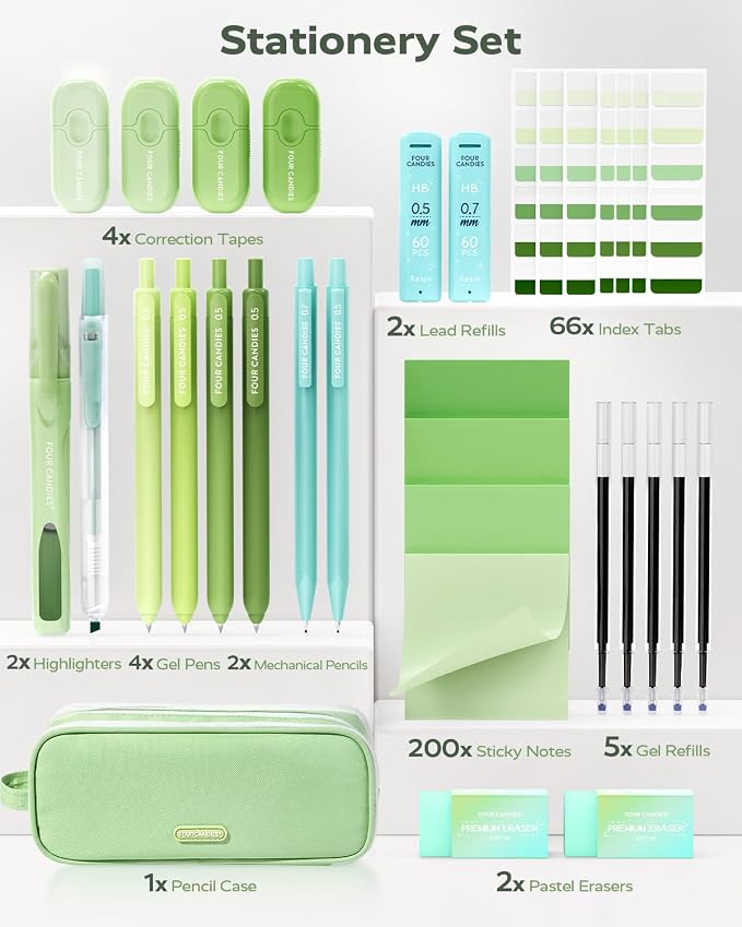 Four Candies Green School Supplies with Case College Essentials