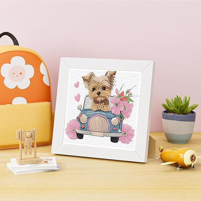 Dog Diamond Art Kit for Kids with Frame - Animal Diamond Painting for Ages 8-12 - Beautiful Gift Package for Home Wall Decor (7x7 inch)