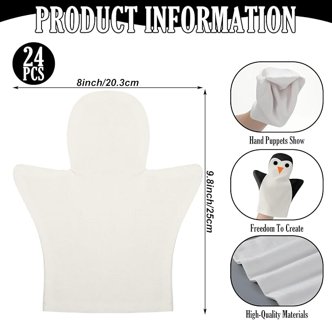 Soulchen 24 Pcs DIY Cotton Hand Puppet Kit 8 x 9.8 Inch Making Your Own Puppets Blank Fabric for DIY Crafting Storytelling Family Activities Art Party Supplies Creative Play Holiday Subject Gifts