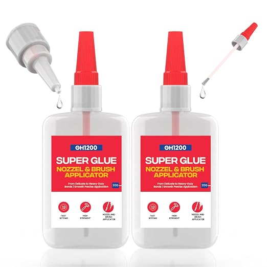 GH1200 2 PCs (2-in-1) Super Glue with Brush Applicator & Nozzle, Mess Free Superglue Brush, Instant Never Dries, 3000 CPS Ca Glue, No Stain Clear Glue, Super Glue for Plastic, Rubber & More
