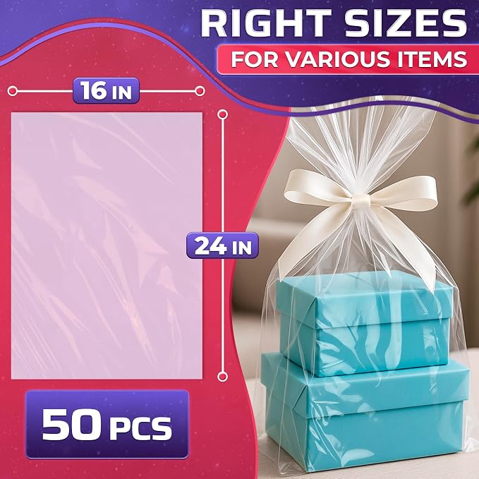 PalaYou 50 Pcs Heat Shrink Wrap Bags, 16 x 24 In, for Gift Baskets | Shrink Wrap Bags Large; Works with Hair Dryer at Medium Temperature; Clear; for Clothing, Cosmetics, Boxes, Bulky Items
