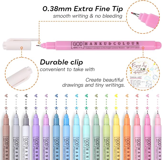 HANKU 0.38mm Fine Point Pen, 16 Colored Bible Pens No Bleed Through Markers