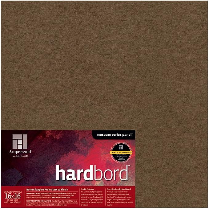 Ampersand Art Supply Hardboard Wood Painting Panel: Museum Series Hardbord, 16" x 16", 1-1/2 Inch Cradled Profile