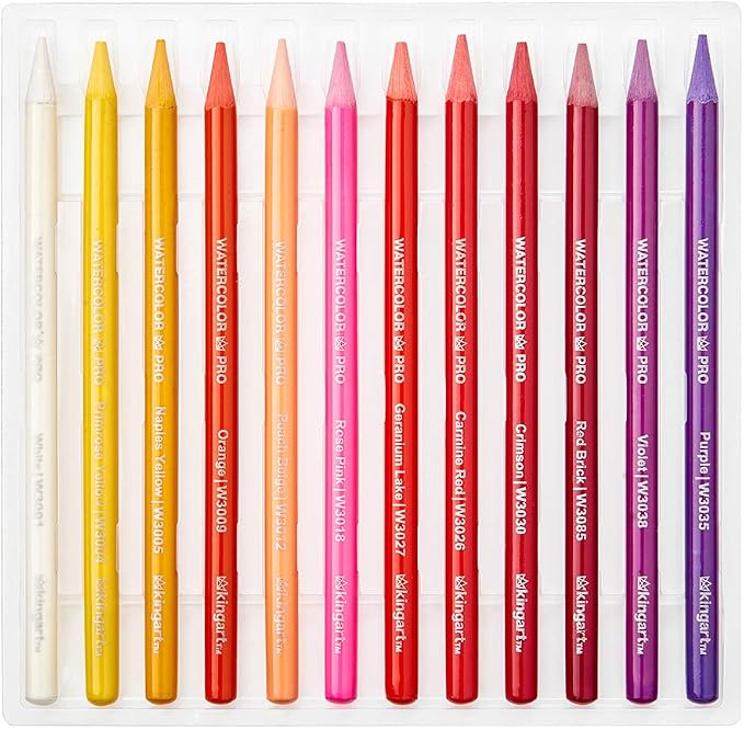 KINGART 315-24 Pro Artist Quality 24 Ct. Woodless Watercolor Pencil Set, 24 Soft Core, Pre-Sharpened Crayon Style Art Pencils, Use Wet or Dry, Professional to Beginner