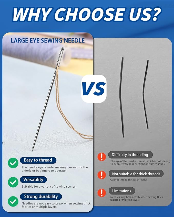 70 Pcs Hand Sewing Needles, 7 Size Large Eye Sewing Sharp Needles | Leather Embroidery Thread Needle, Stainless Steel Yarn Knitting Needle with Threader, Thimble for Repair, Quilting